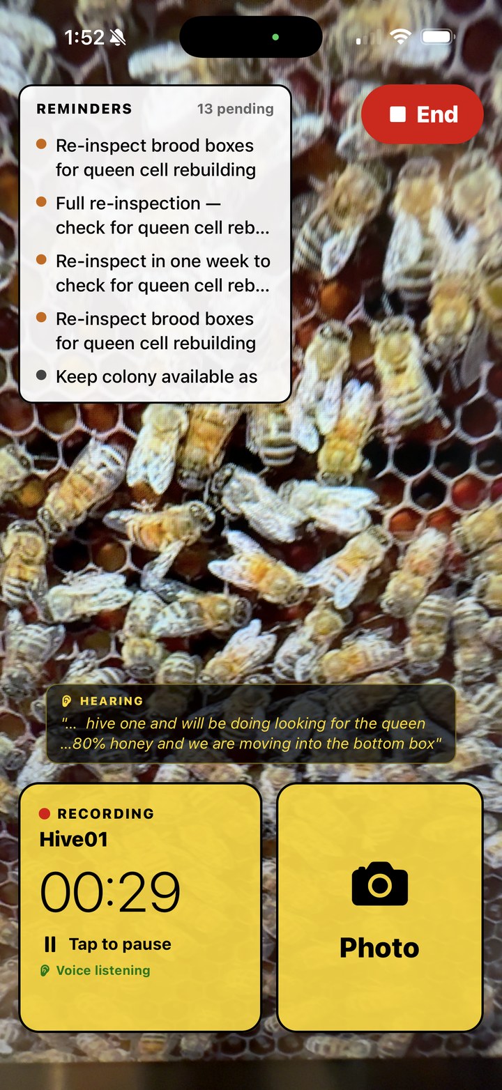 Live capture screen — voice inspection in progress with three buttons and recent hives.